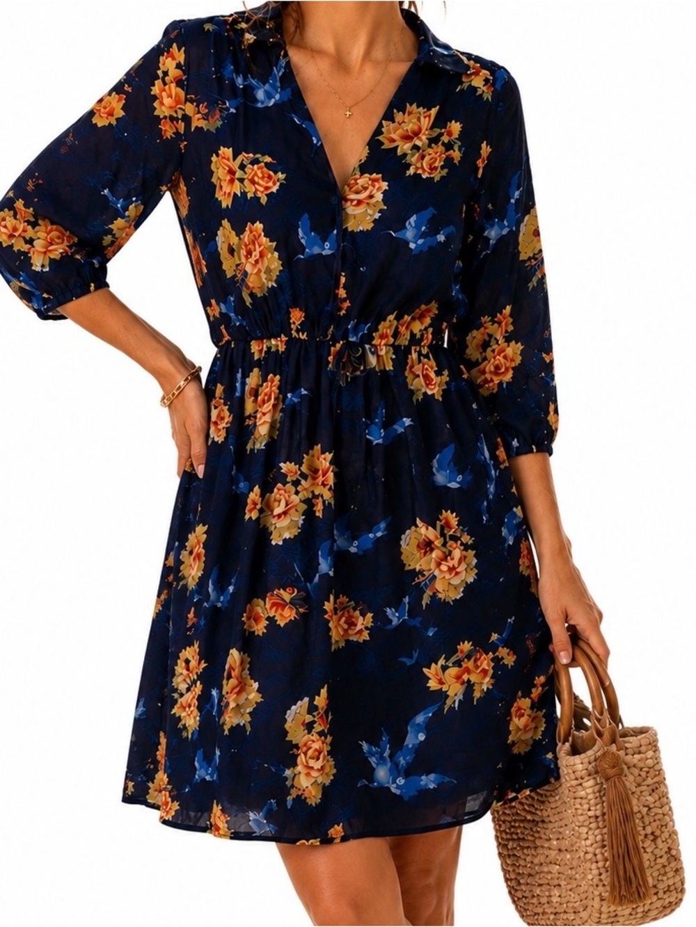 LOVE Navy Floral Bird Print Mini Dress 3/4 Sleeve V Neck Dress M Size